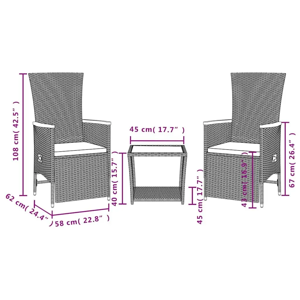 3 Piece Outdoor Dining Set Black Poly Rattan Adjustable Backrest Glass Tabletop
