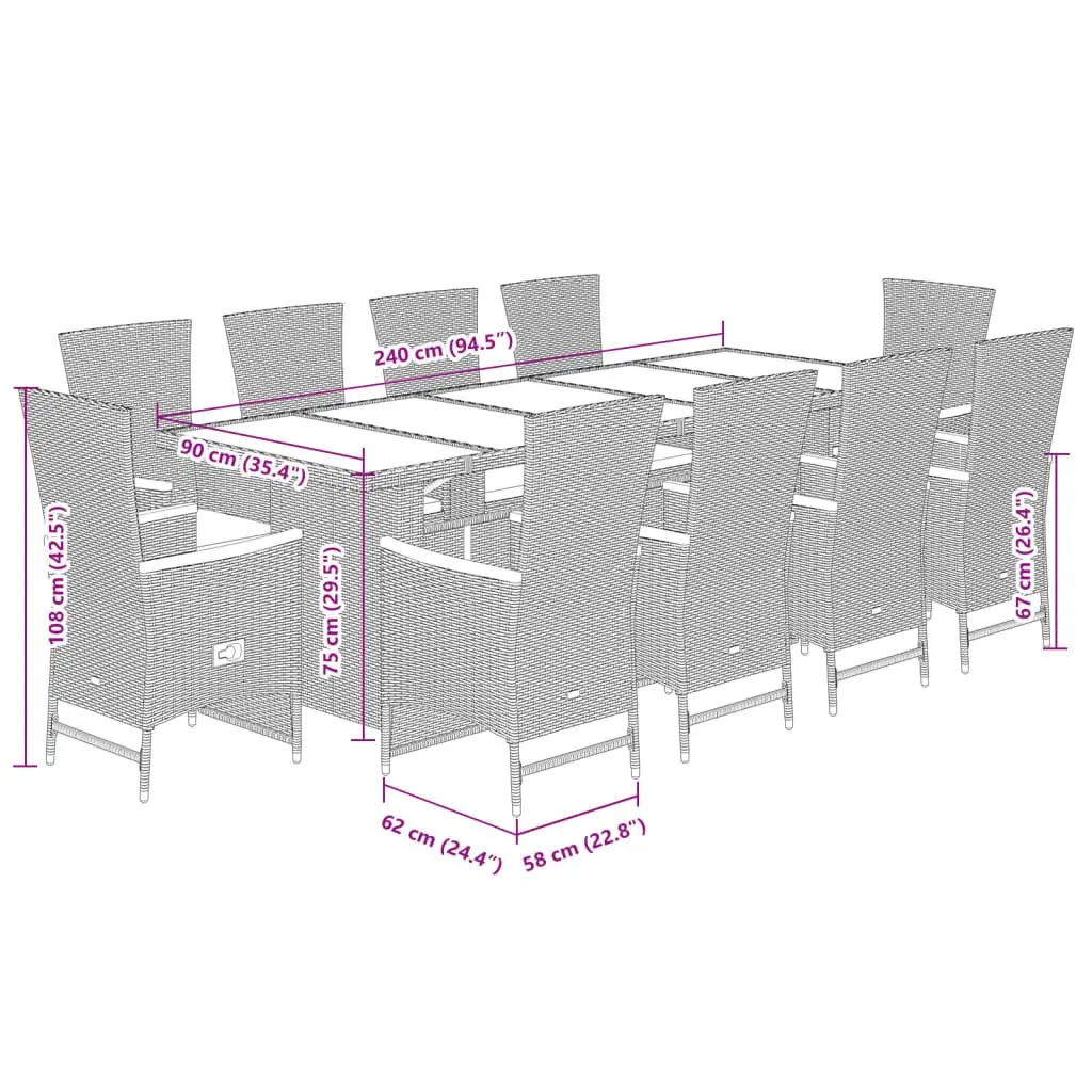 Garden Dining Set 11 Piece Grey Poly Rattan Outdoor Furniture Patio Chairs Table
