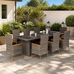 Garden Dining Set 9 Piece Grey Poly Rattan Outdoor Furniture with Cushions
