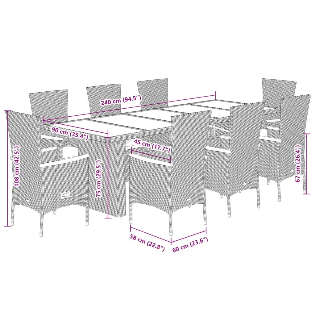 Garden Dining Set 9 Piece Grey Poly Rattan Outdoor Furniture with Cushions