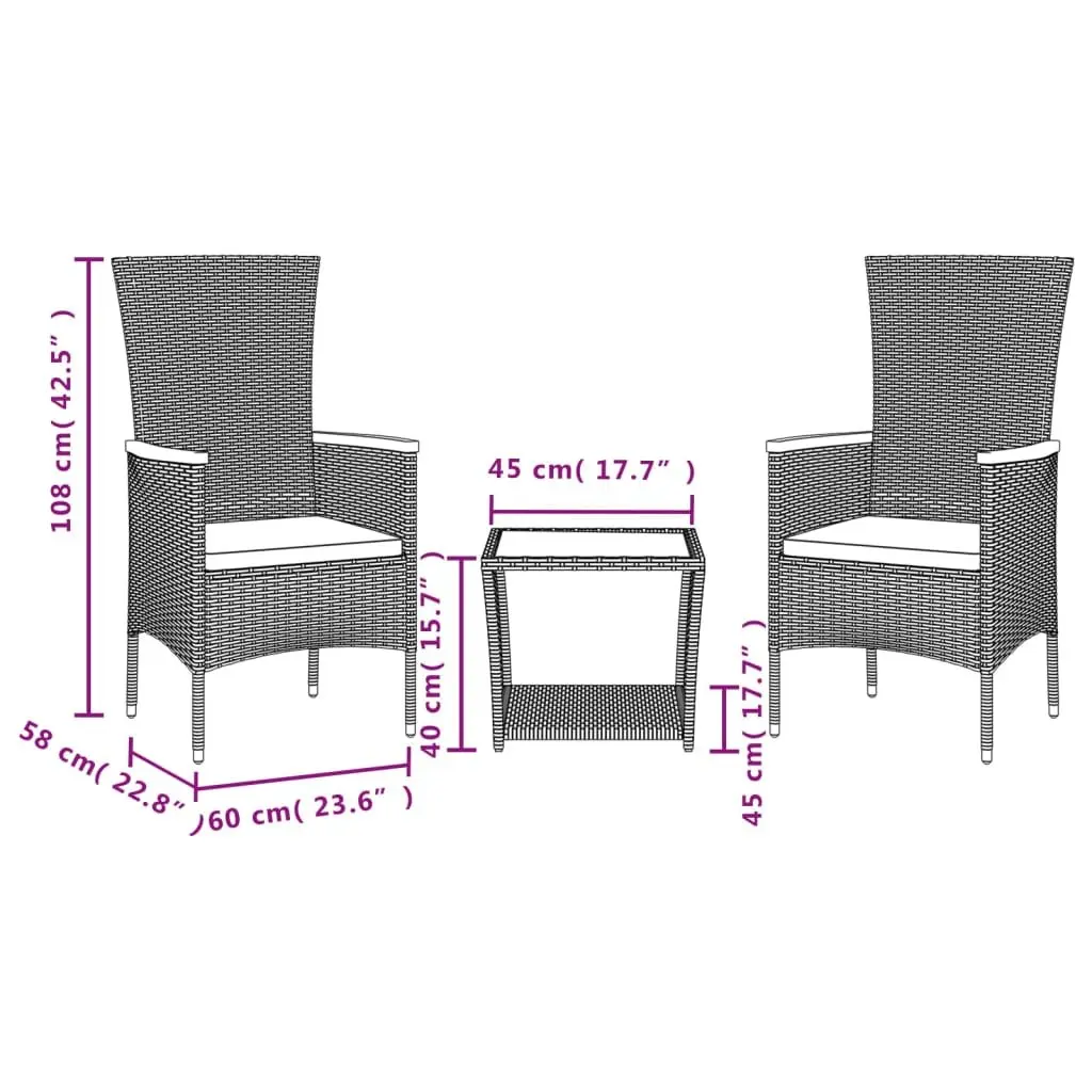 Garden Dining Set 3 Piece Grey Poly Rattan Outdoor Furniture Patio Table Chairs