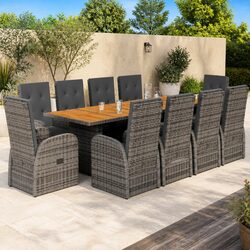 11 Piece Outdoor Furniture Set: Dark Grey Poly Rattan & Acacia