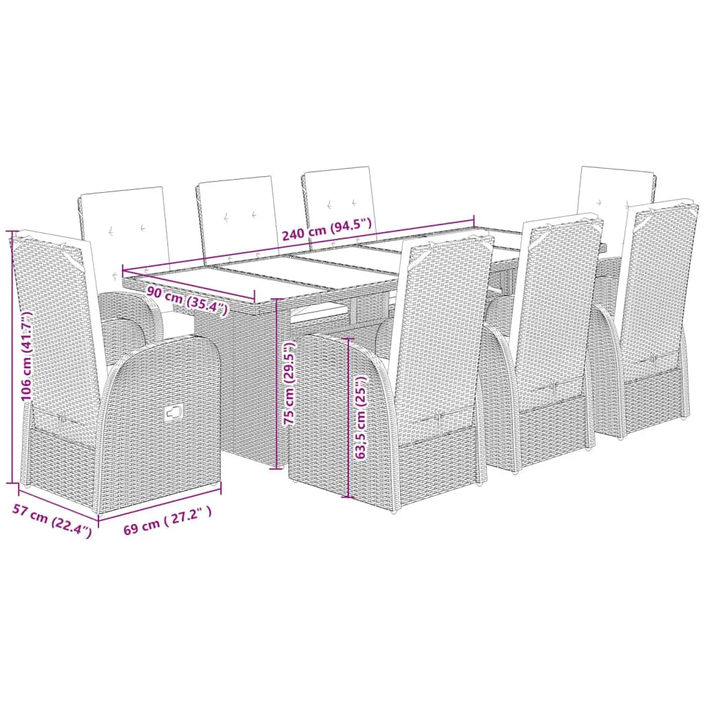 Garden Dining Set 9 Piece Outdoor Furniture Grey Poly Rattan Chairs Table Patio