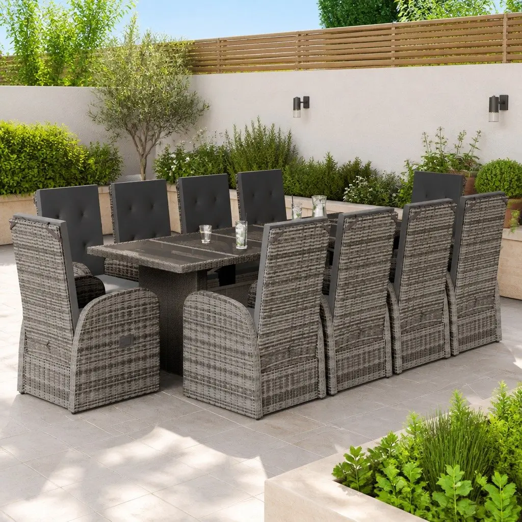 Outdoor Dining Arrangement 11 Piece Grey Poly Rattan Set with Cushions for Patio Garden or Backyard