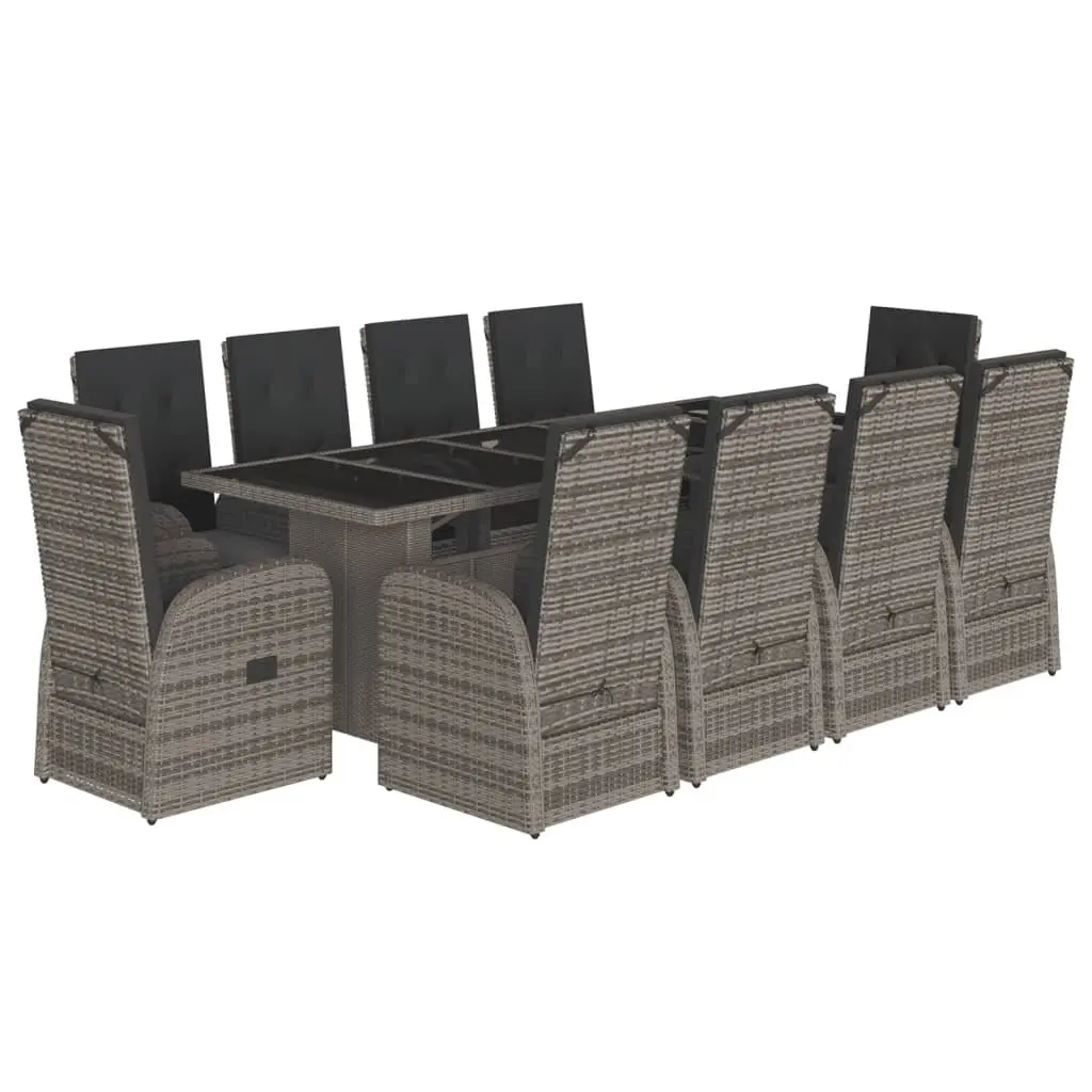 Outdoor Dining Arrangement 11 Piece Grey Poly Rattan Set with Cushions for Patio Garden or Backyard