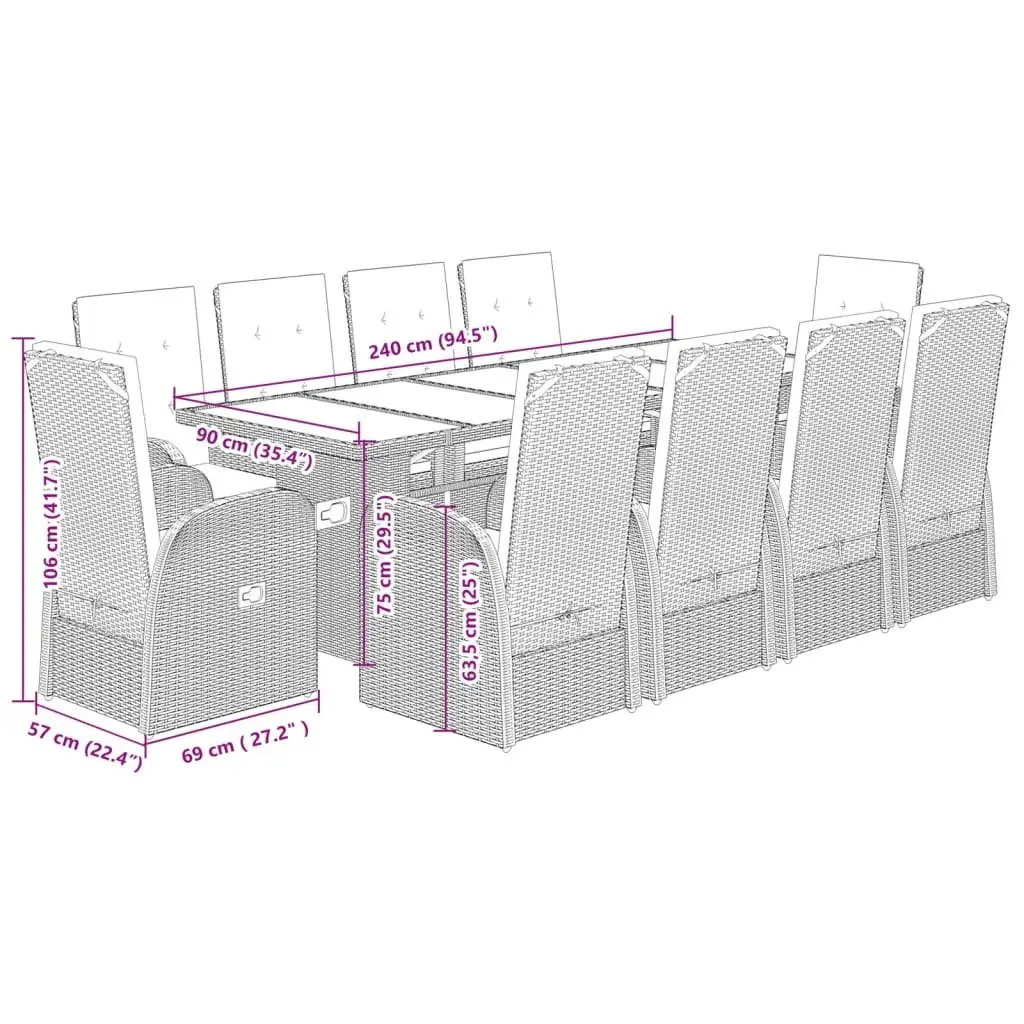 Outdoor Dining Arrangement 11 Piece Grey Poly Rattan Set with Cushions for Patio Garden or Backyard
