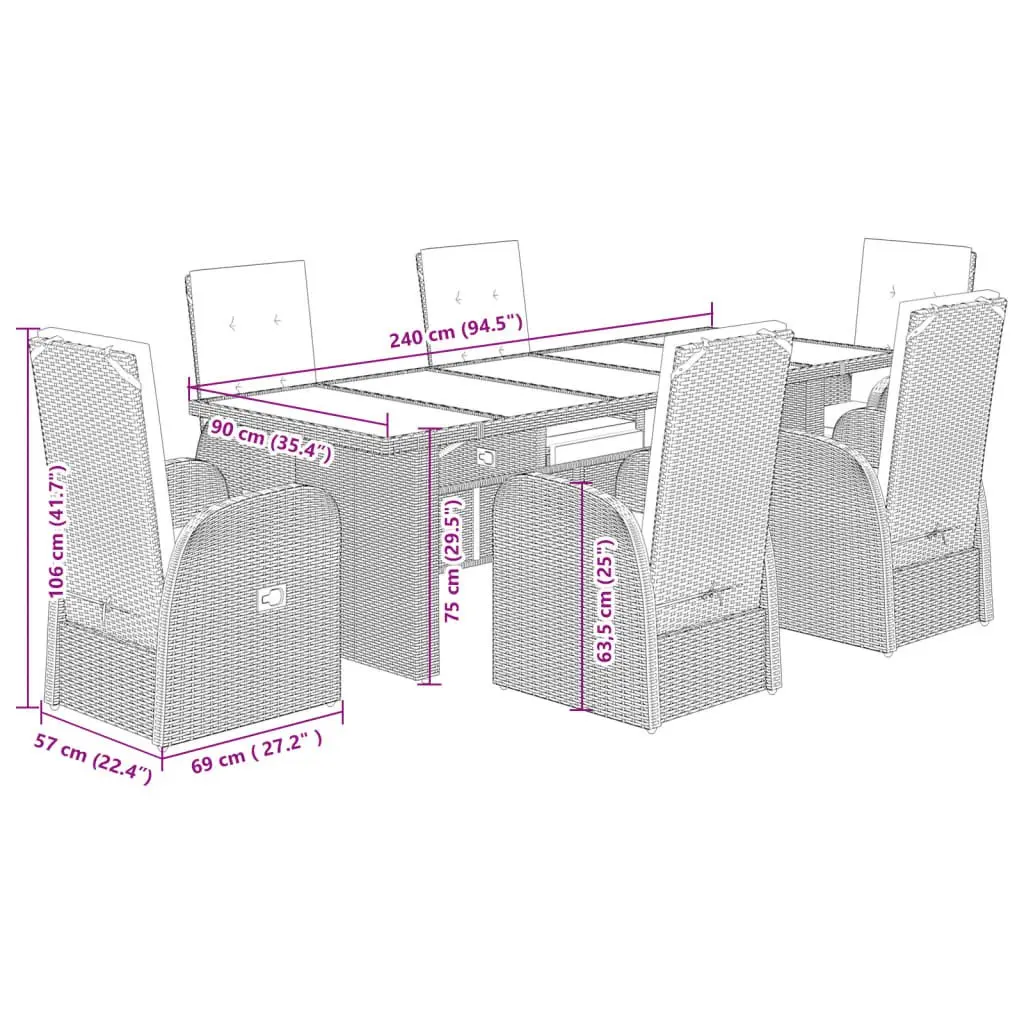7 Piece Garden Dining Set Outdoor Use Grey Poly Rattan