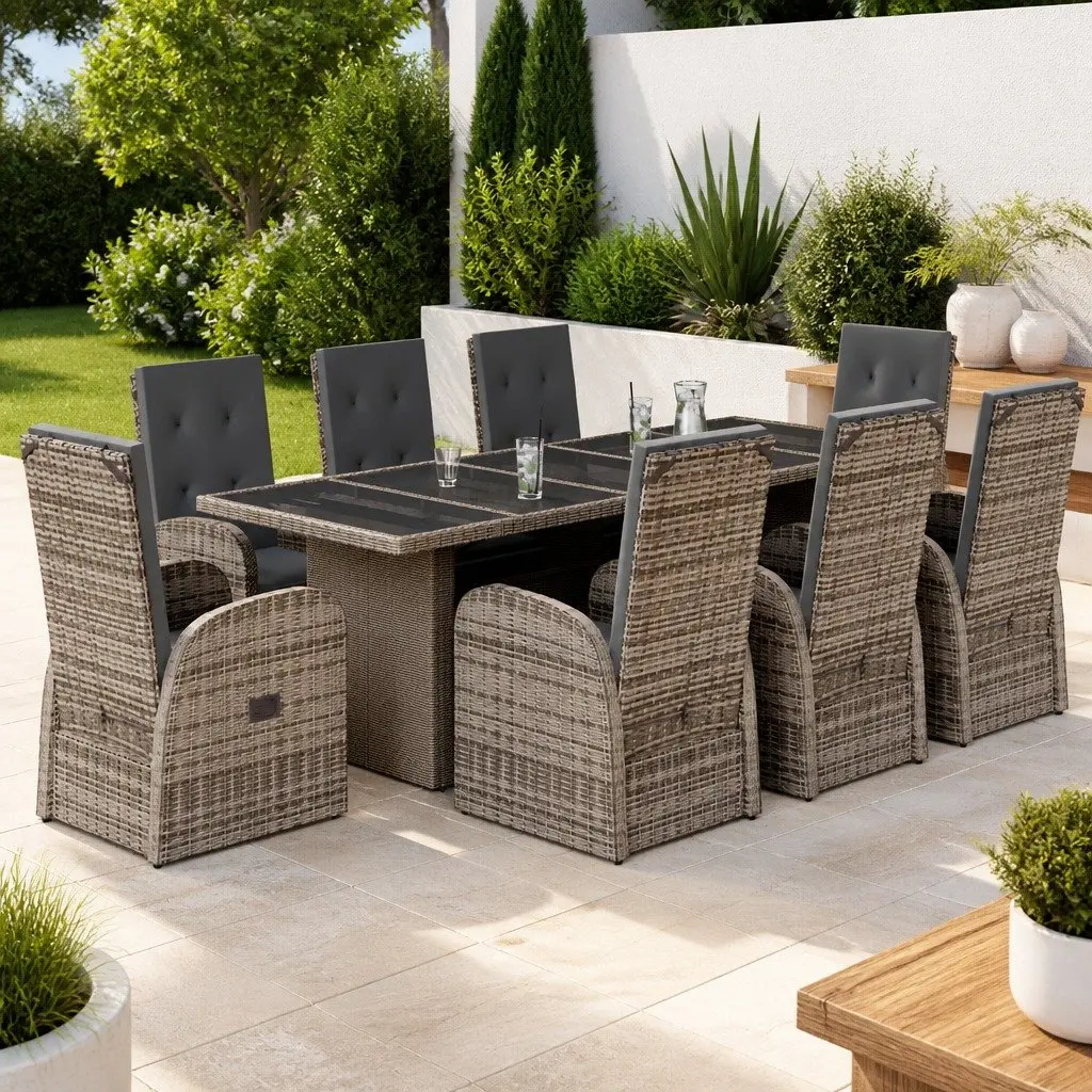 Outdoor Furniture Set 9 Piece Grey Poly Rattan Patio Dining Chairs Table