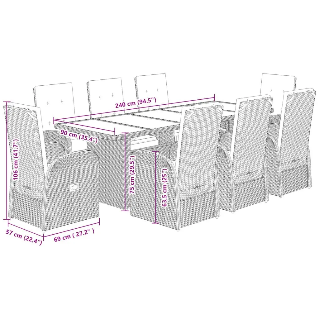 Outdoor Furniture Set 9 Piece Grey Poly Rattan Patio Dining Chairs Table
