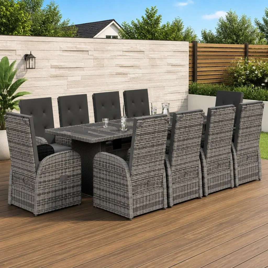 Garden Dining Set 11 Pieces Outdoor Patio Furniture with Cushions Grey Rattan
