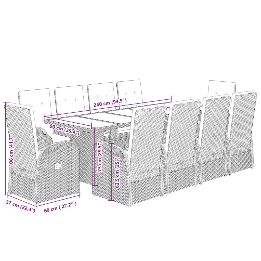 9 Piece Garden Dining Set Grey Poly Rattan Outdoor Furniture with Cushions