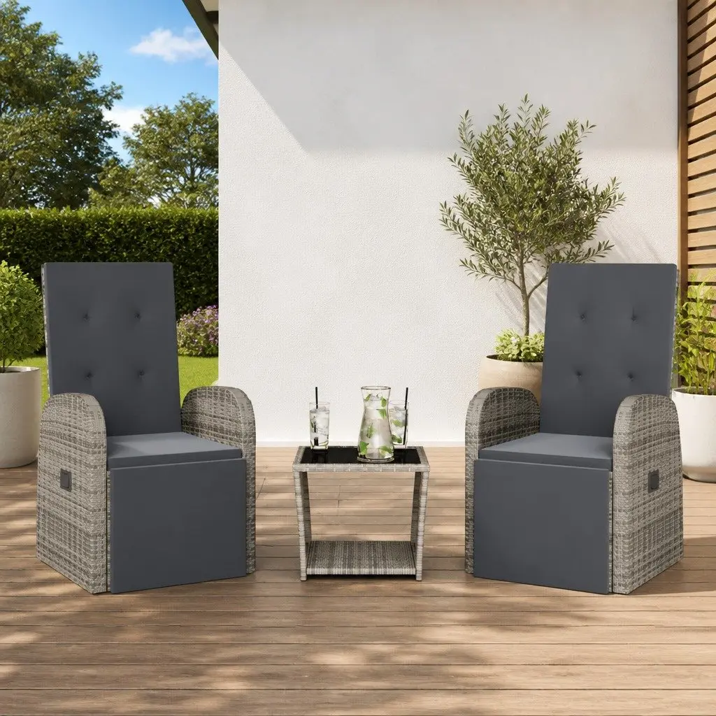 3 Piece Garden Dining Set Outdoor Grey Poly Rattan Adjustable Backrest Cushions