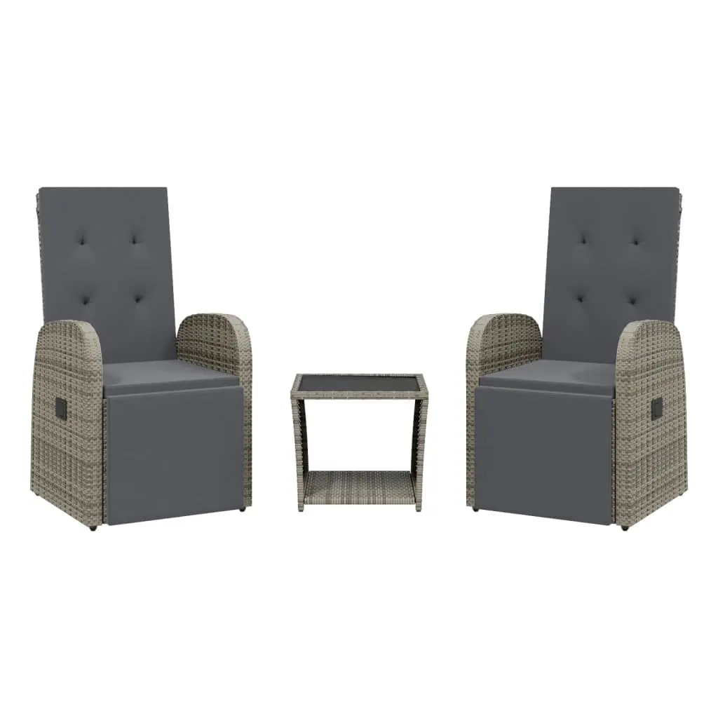 3 Piece Garden Dining Set Outdoor Grey Poly Rattan Adjustable Backrest Cushions