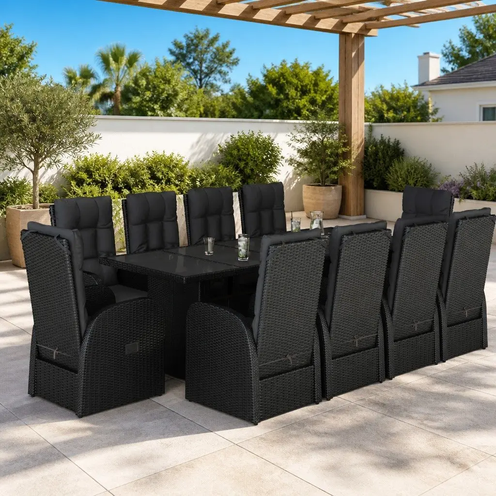 Garden Dining Set Outdoor Furniture 11 Piece Black Poly Rattan with Cushions