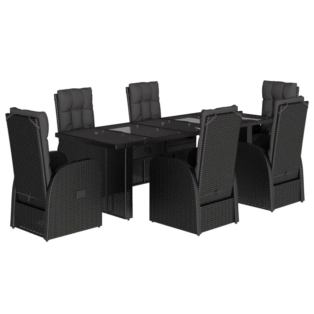 Outdoor Dining Set Garden Use 7 Piece Black Poly Rattan Cushioned Chairs
