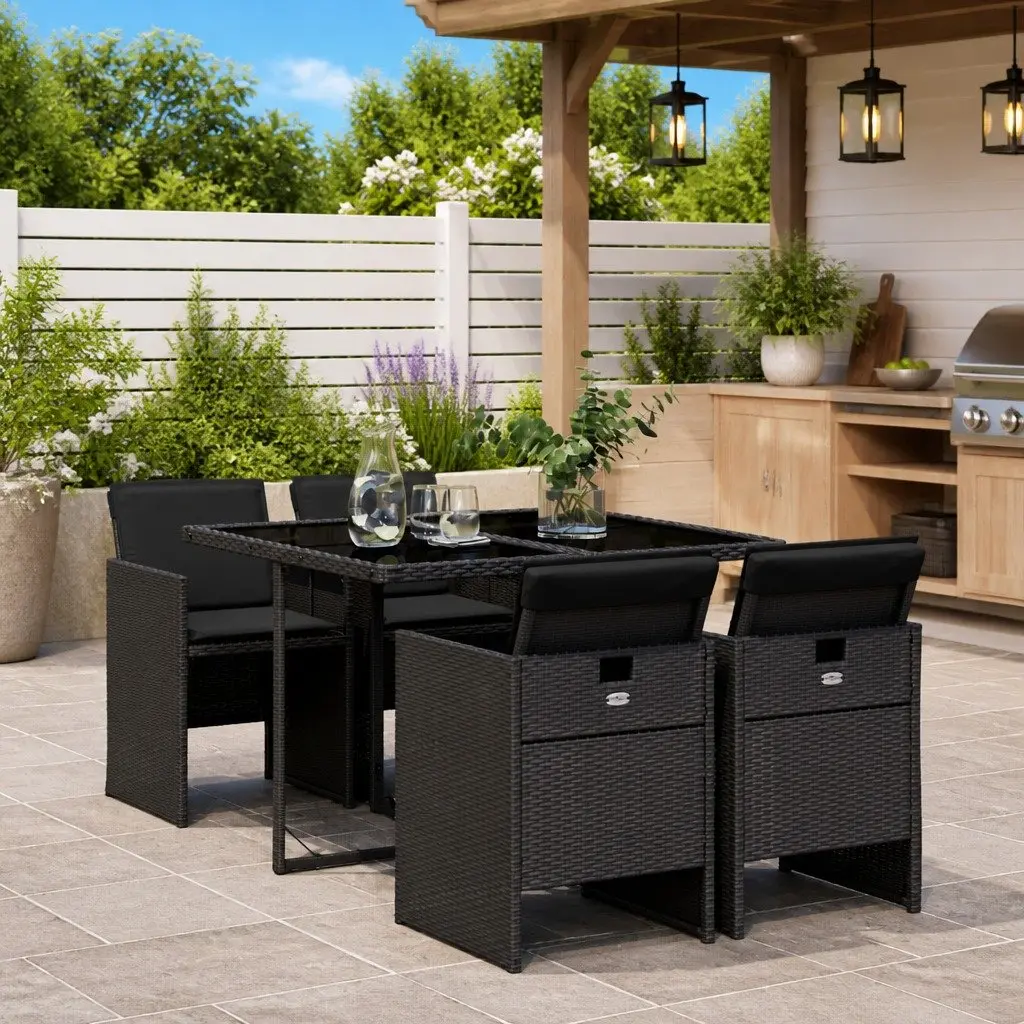 5 Piece Garden Dining Set Outdoor Use Black Poly Rattan Table Chairs