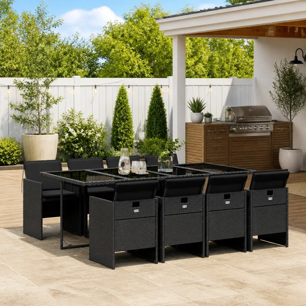 9 Piece Outdoor Dining Set Black Poly Rattan Chairs Table Patio Furniture