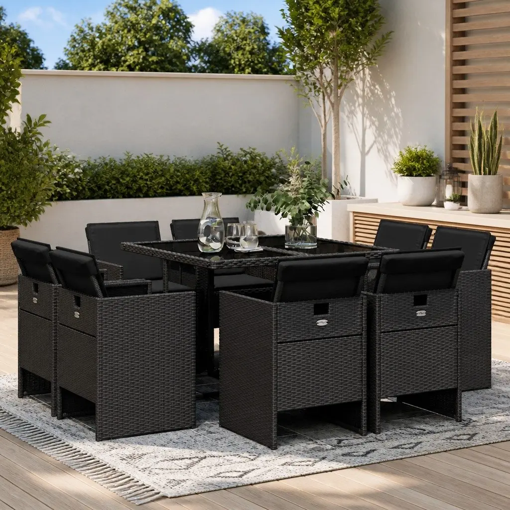 9 Piece Black Poly Rattan Dining Set