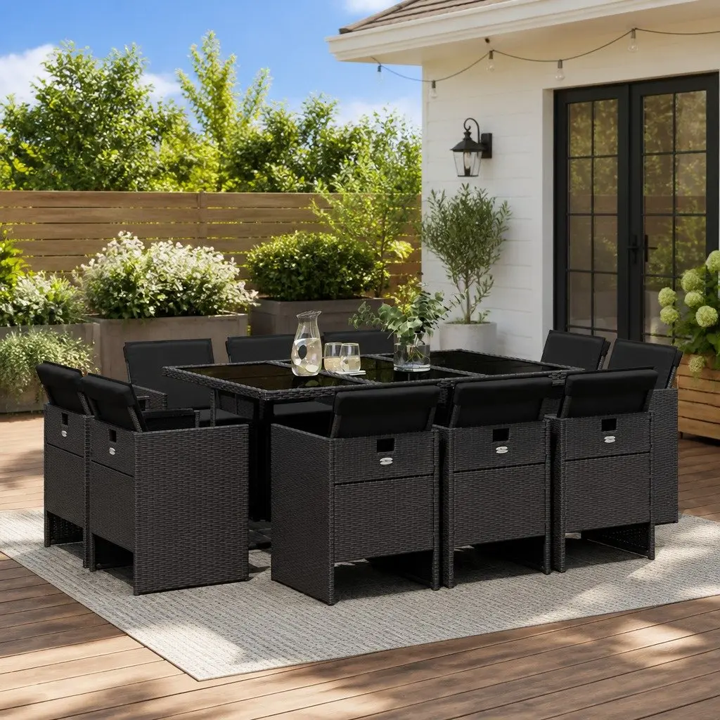 11 Piece Outdoor Dining Set for Patio Black Poly Rattan Chairs Table with Cushions