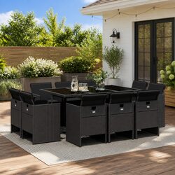 Folding 11 Piece Outdoor Dining Set - Black Rattan Chairs & Table