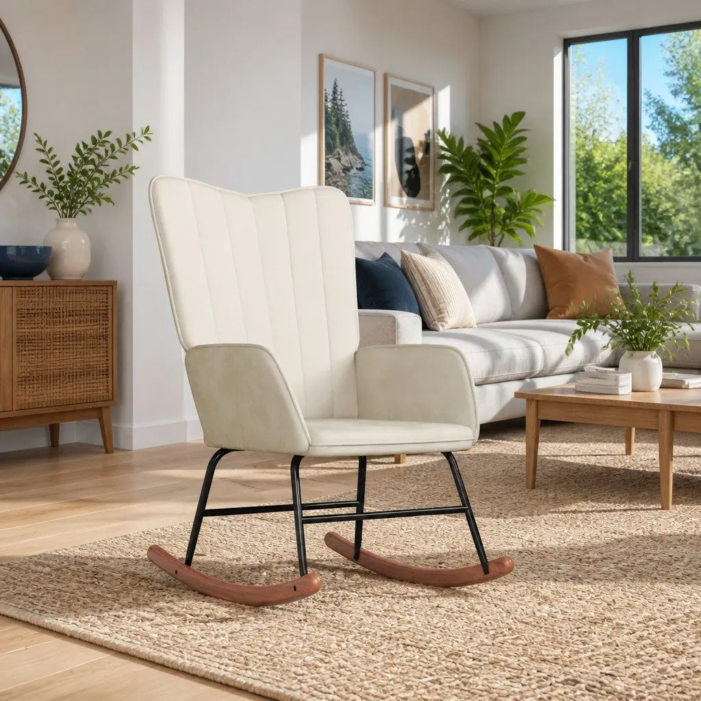 Rocking Chair White Velvet Padded Armchair Living Room Relaxation Furniture