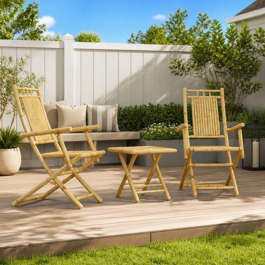 3 Piece Bistro Set Outdoor Garden Furniture Foldable Brown Bamboo Table Chairs