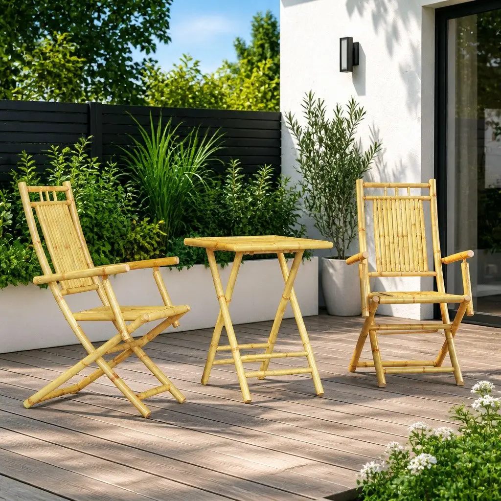 3 Piece Bistro Set Bamboo Brown Outdoor Furniture Garden Patio Chairs Table