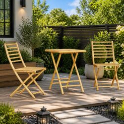 3 Piece Outdoor Bistro Set: Foldable Bamboo Table & Chairs