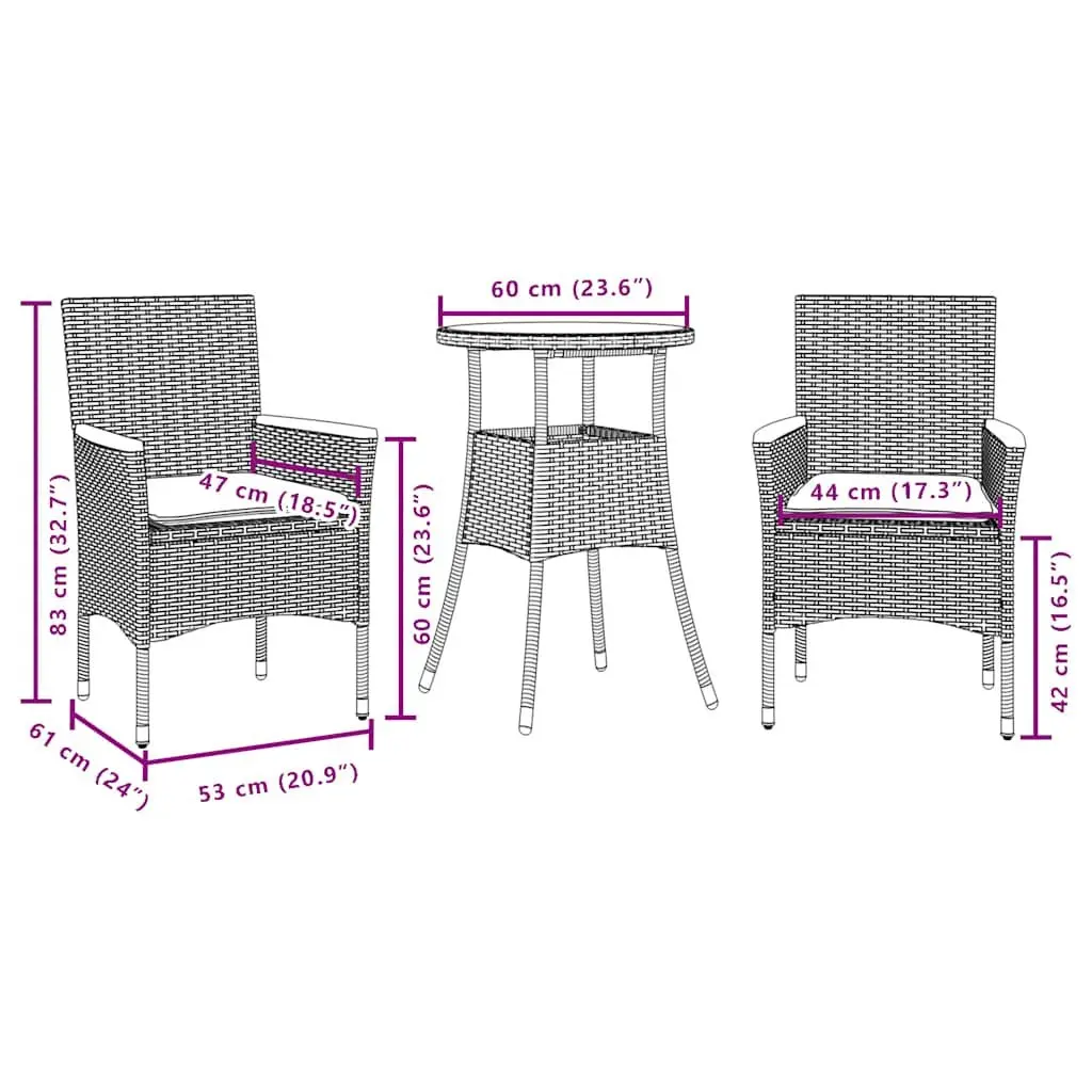 Outdoor Dining Set 3 Piece Patio Garden Furniture PE Rattan Glass Table