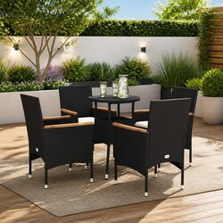 5 Piece Garden Dining Set: Black Poly Rattan & Glass
