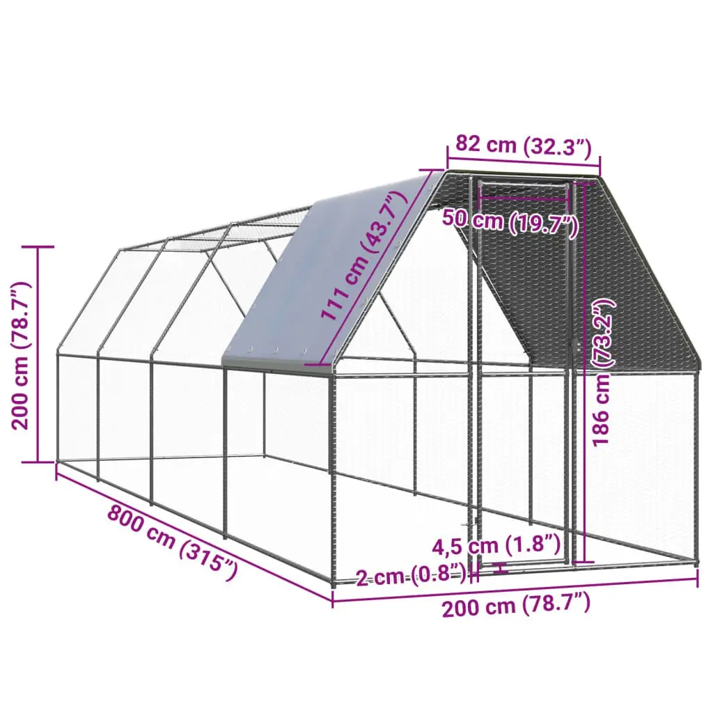 Chicken Cage Outdoor Poultry Coop Enclosure 2x8x2m Galvanised Steel