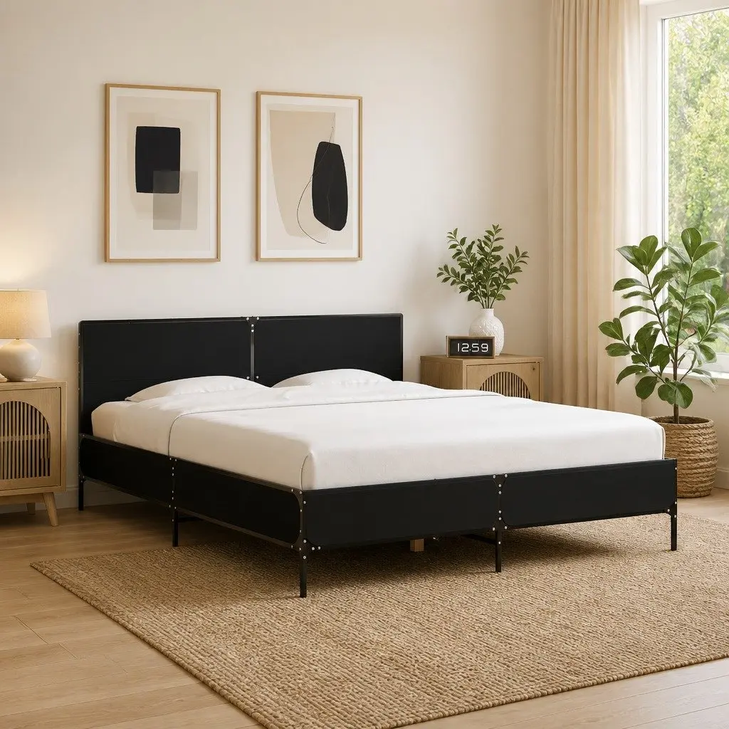 Bed Frame for Bedroom 150x200 cm Black Engineered Wood with Metal Legs and Plywood Slats