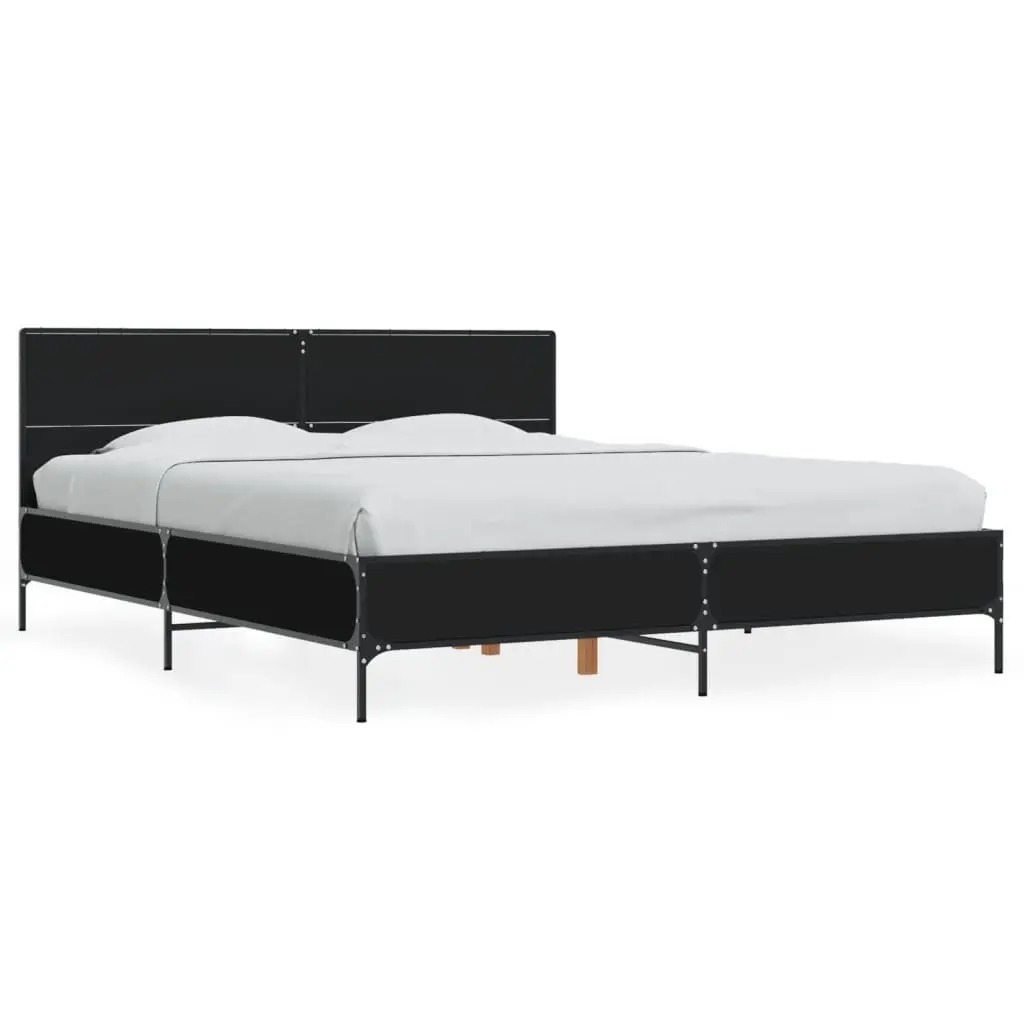 Bed Frame for Bedroom 150x200 cm Black Engineered Wood with Metal Legs and Plywood Slats