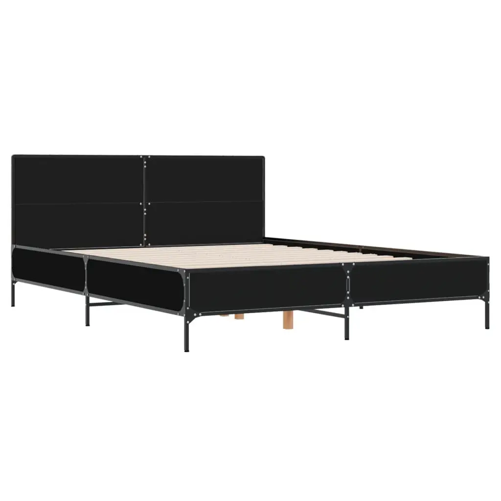 Bed Frame for Bedroom 150x200 cm Black Engineered Wood with Metal Legs and Plywood Slats