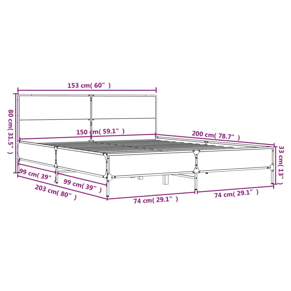 Bed Frame for Bedroom 150x200 cm Black Engineered Wood with Metal Legs and Plywood Slats