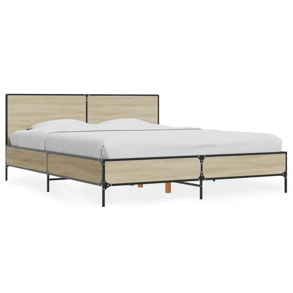 Bed Frame for Bedroom 150x200 cm Brown Sonoma Oak Engineered Wood with Headboard and Metal Legs