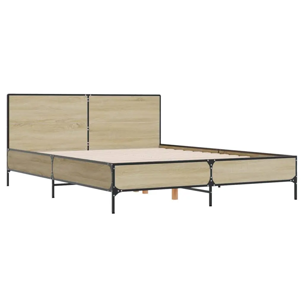 Bed Frame for Bedroom 150x200 cm Brown Sonoma Oak Engineered Wood with Headboard and Metal Legs