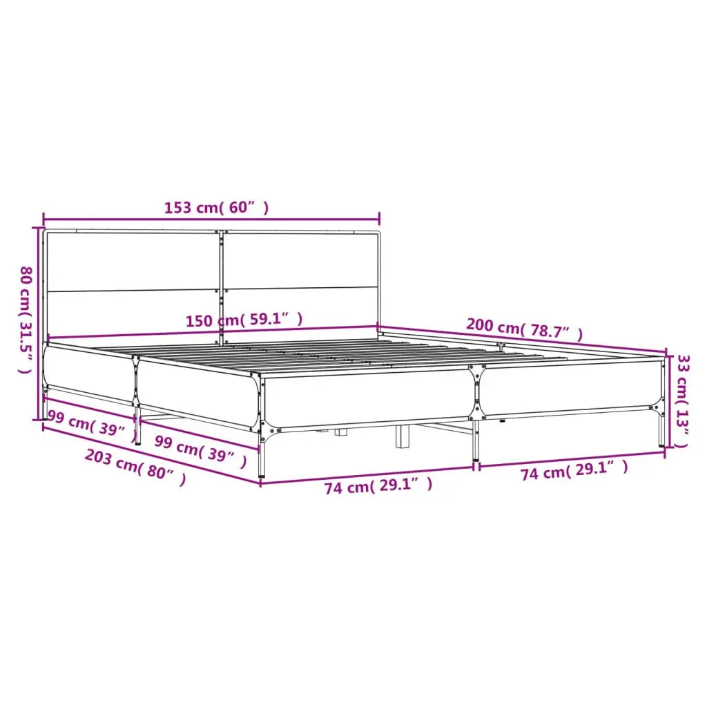 Bed Frame for Bedroom 150x200 cm Brown Sonoma Oak Engineered Wood with Headboard and Metal Legs