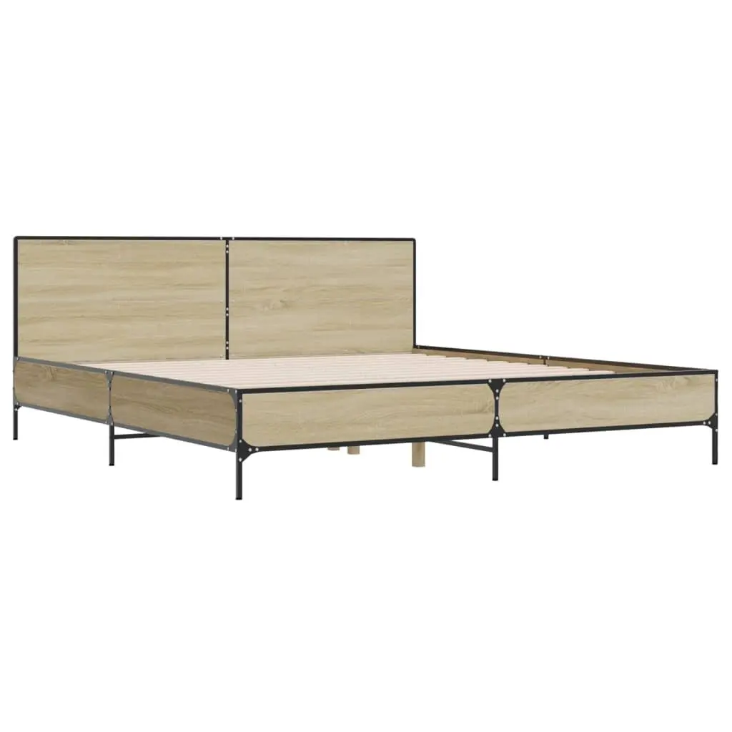 King Bed Frame 183x203cm Brown Engineered Wood Headboard Slatted Base Metal Legs