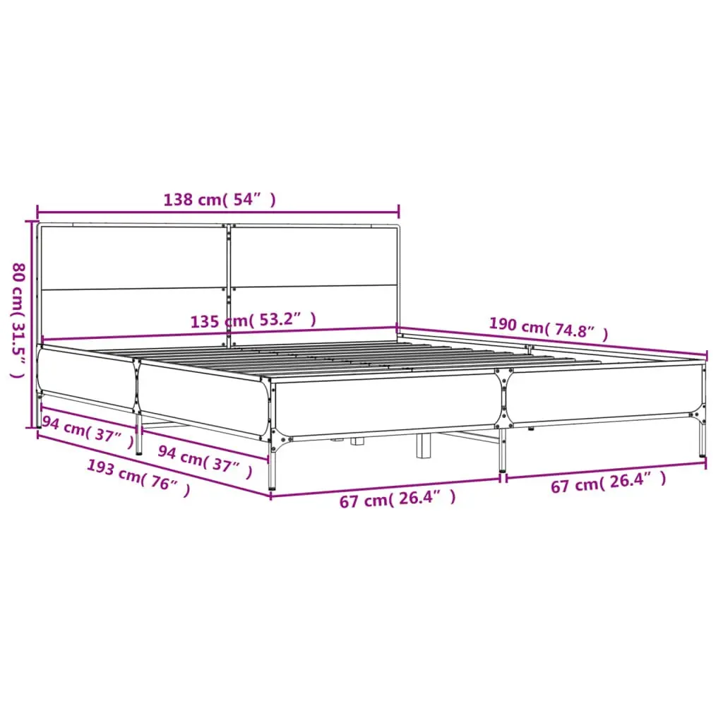 Black Bed Frame 135x190 cm with Support Slats & Headboard