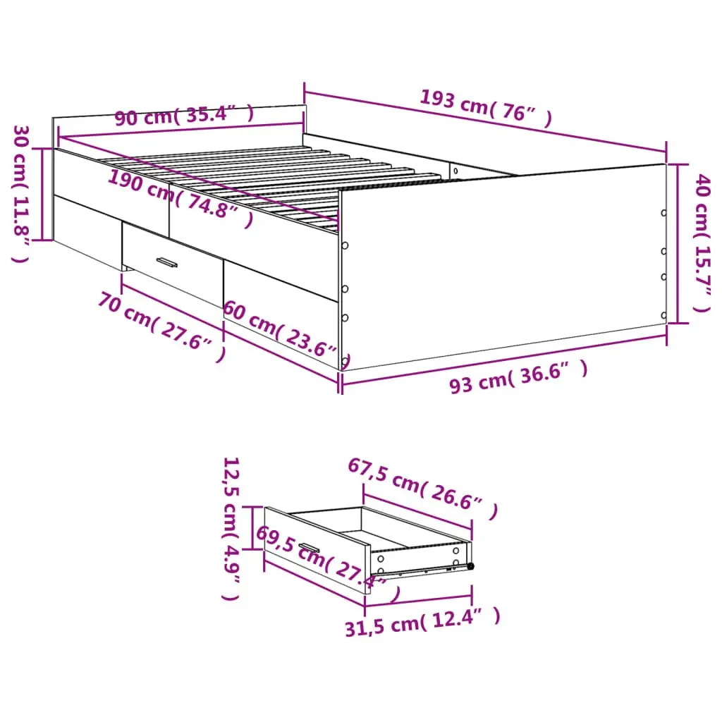 Bed Frame with Storage Drawers White 90x190 cm Bedroom Furniture
