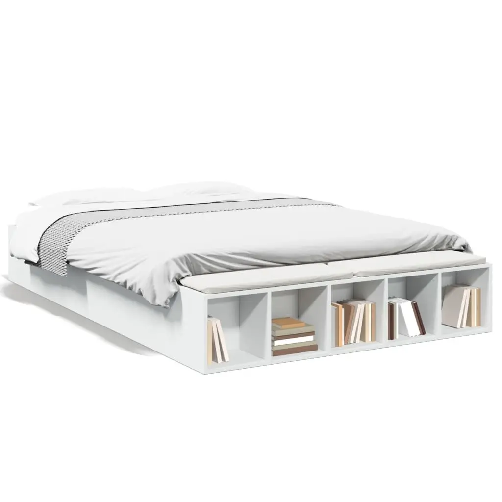 White Bed Frame 150x200cm Storage Compartments Slatted Base Modern Bedroom