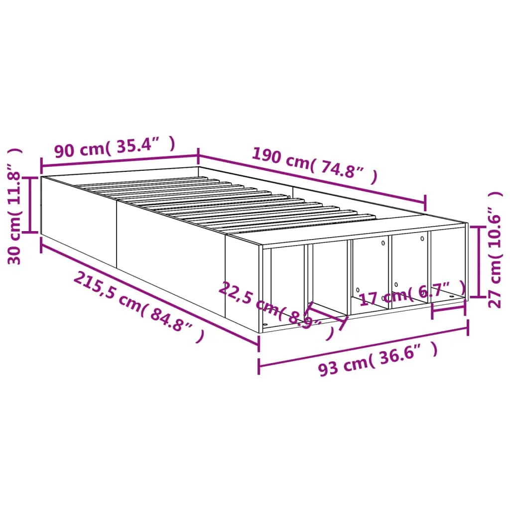 Bed Frame White Modern Bedroom 90x190 cm Storage Compartments Slatted