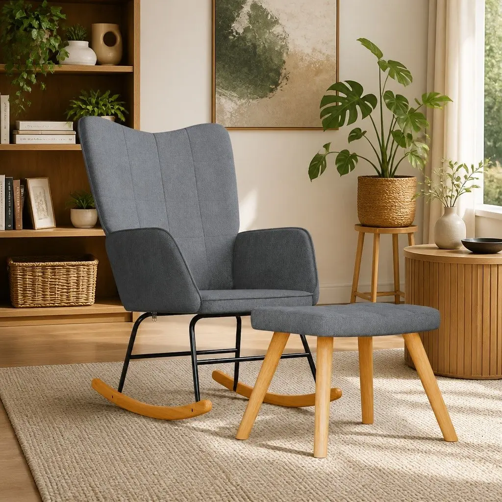 Grey Fabric Rocking Chair and Stool