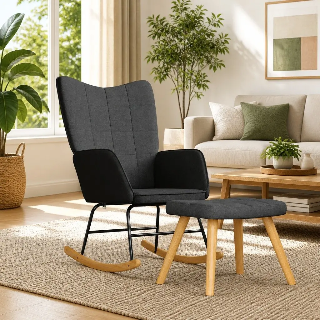 Rocking Chair with Stool in Grey Fabric