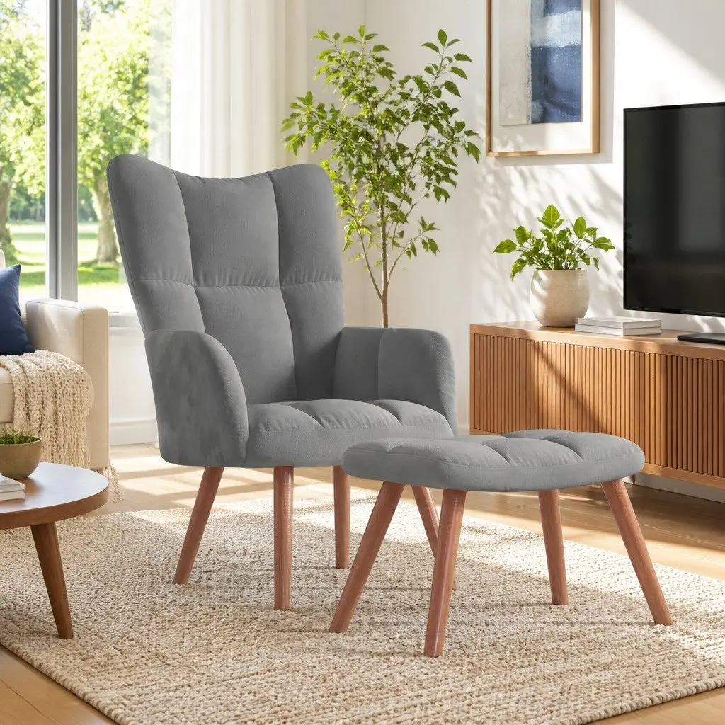 Armchair with Footstool for Living Room Light Grey Velvet