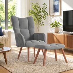Armchair and Stool in Velvet Grey with Sturdy Design