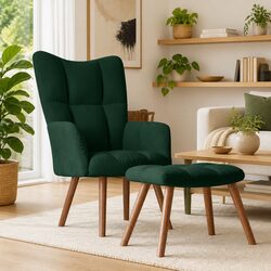 Green Velvet Upholstered Armchair with Matching Stool