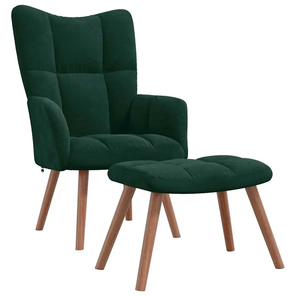 Green Velvet Upholstered Armchair with Matching Stool