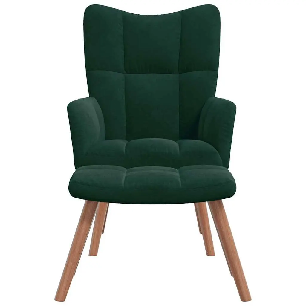 Green Velvet Upholstered Armchair with Matching Stool